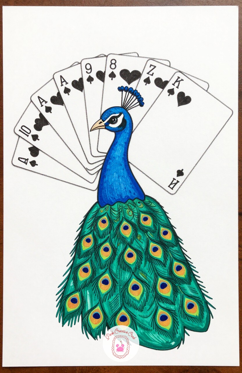 Peacock Showing Off a Fan of Playing Cards — Draw a round body, a small crest of feathers on the head, and replace the usual tail fan with a spread of