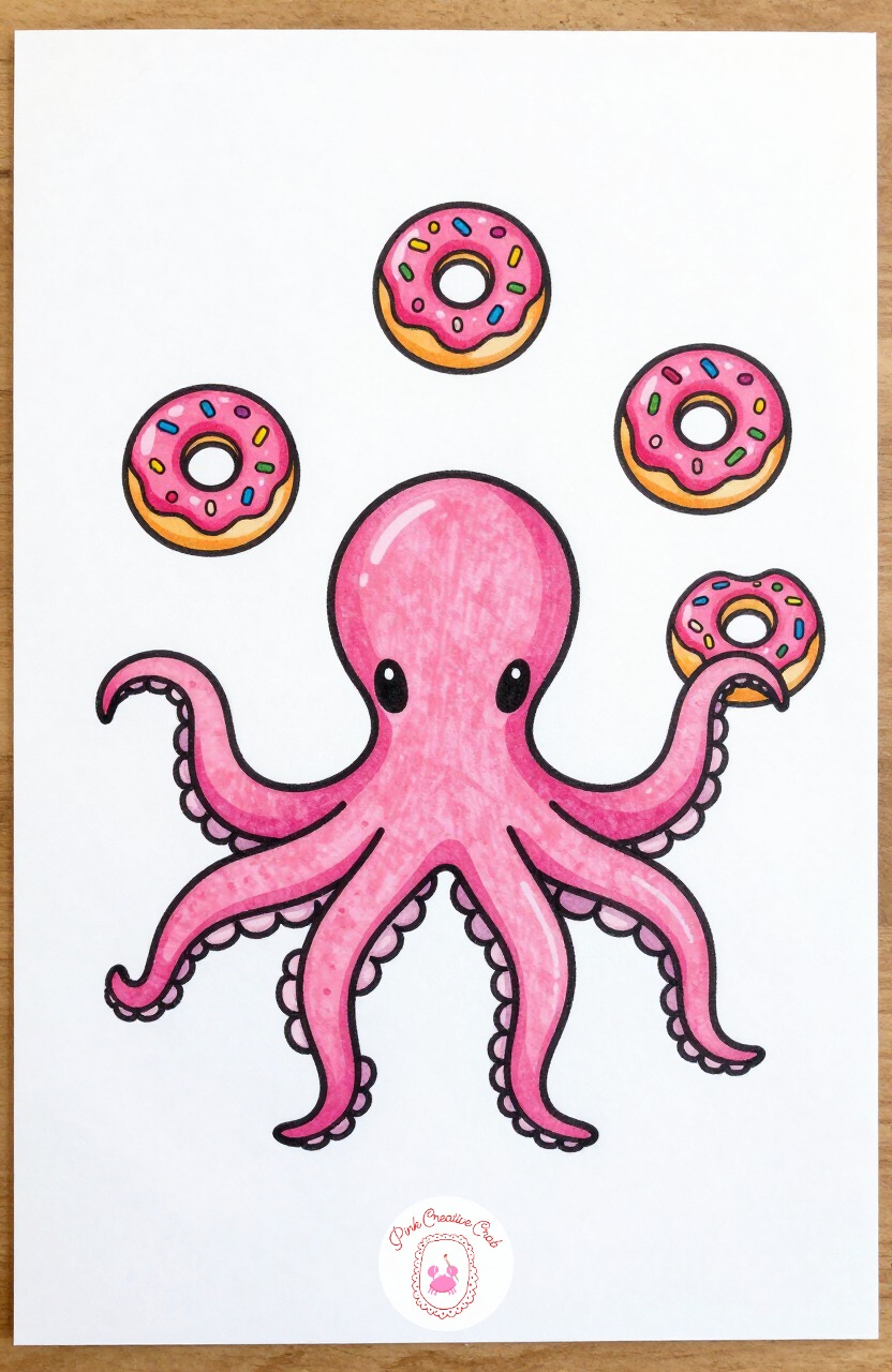Octopus Juggling Donuts — Draw one round head and four or five curved tentacle lines rather than all eight, which keeps the shape readable. Silly animal doodles