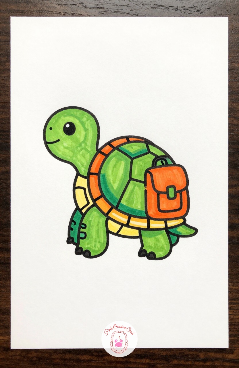 Turtle with a Backpack — Draw a domed shell first, then a small head and four stubby legs poking out underneath. Silly animal doodles