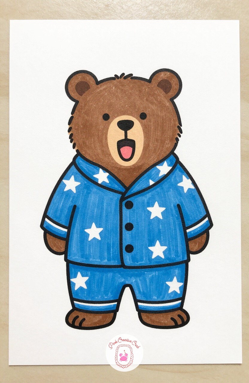Bear in Pajamas — Start with a large round body and a smaller round head, then dress the bear in a one-piece pajama suit with a few star shapes scattered