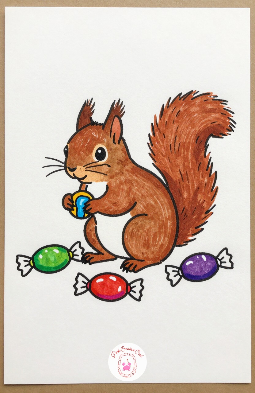 Squirrel Hoarding Candy — Draw a round body, one large curved tail arching up behind, and cheeks puffed out wide on either side of the face. Silly animal