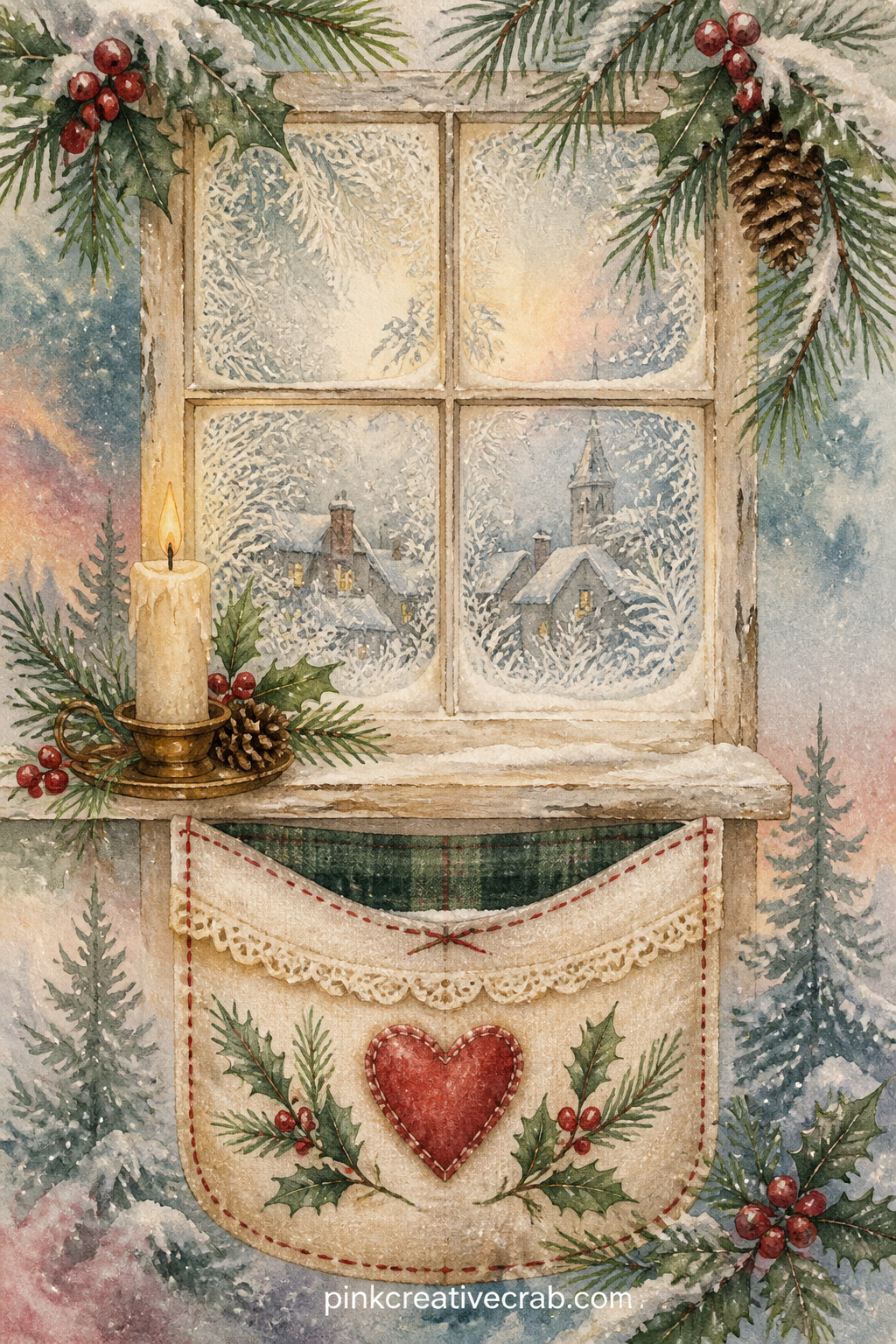 Frosted Window With Pocket printable page — A frosted windowpane looks out over snowy rooftops, with a small pocket tucked below the sill for hiding a tucked