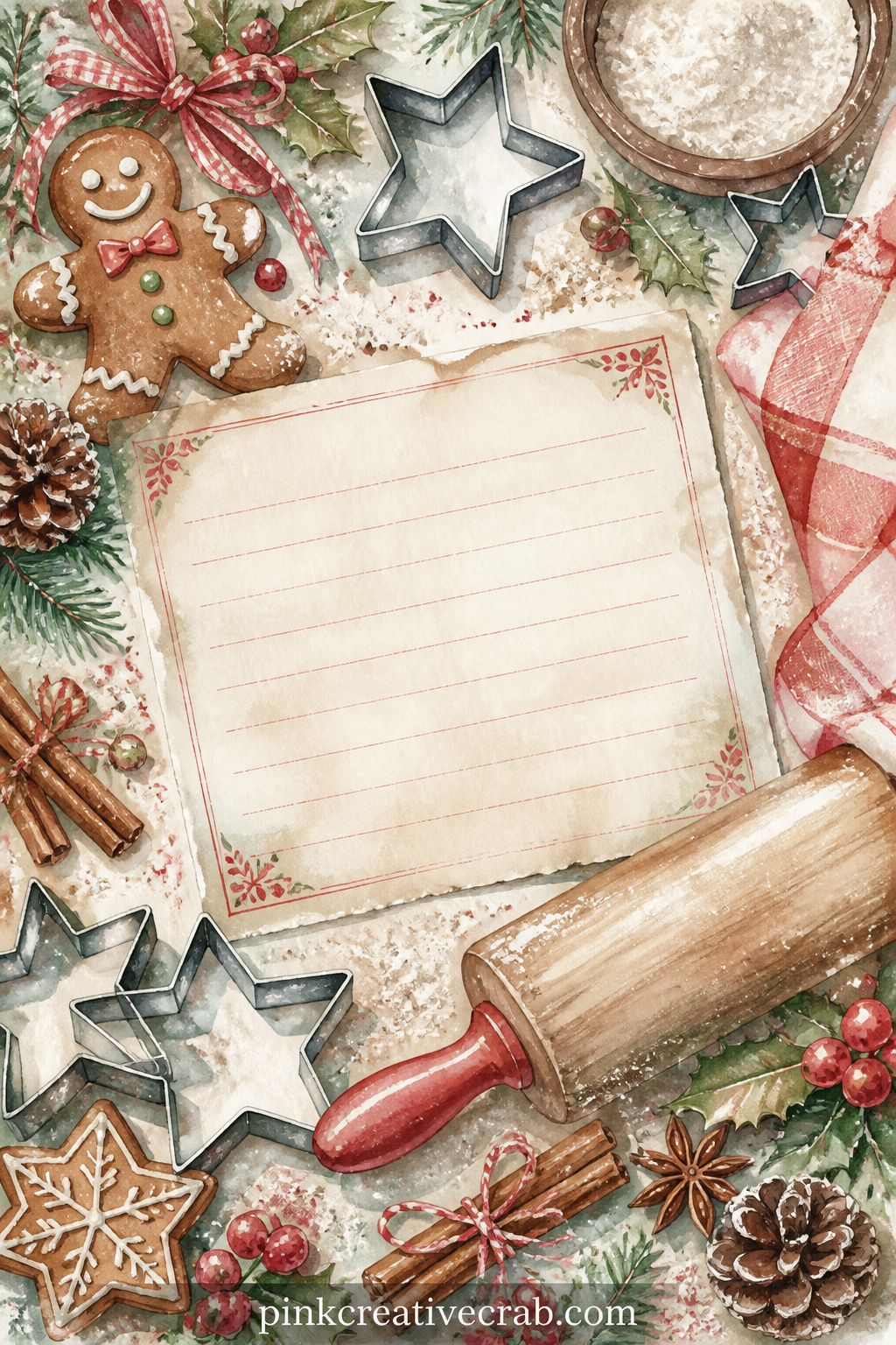 Gingerbread Recipe Card Page printable page — A hand-lettered gingerbread recipe sits at the centre of the page, surrounded by a rolling pin, a handful of star