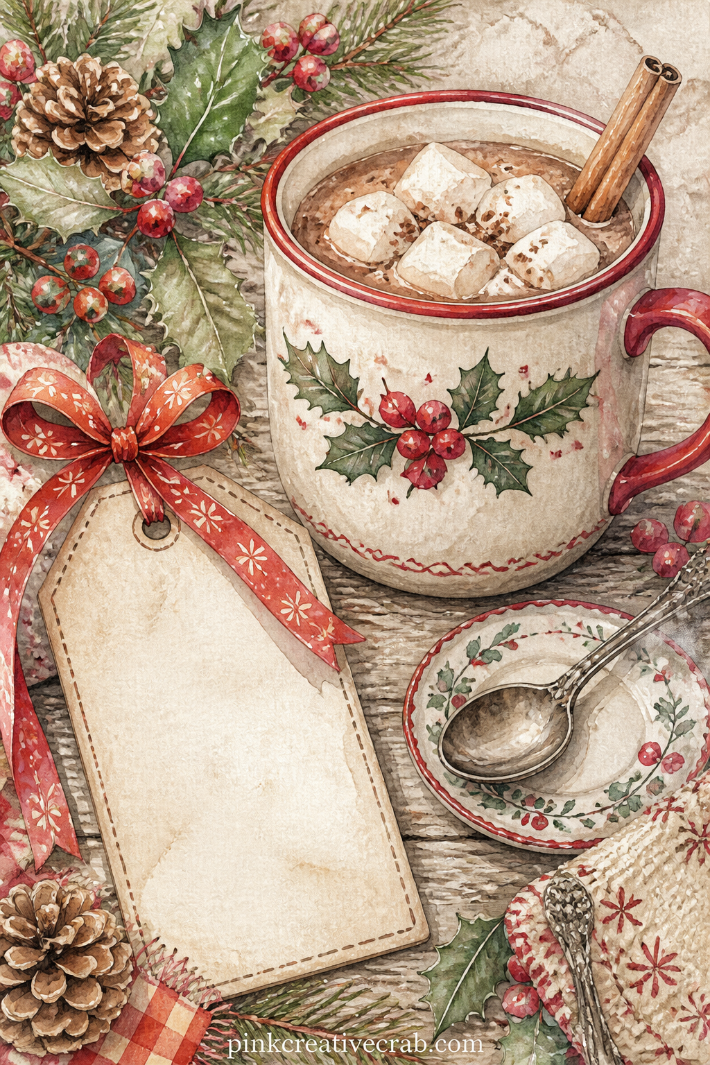 Cocoa Mug Tag Spread printable page — A steaming mug of cocoa sits on a saucer with marshmallows, a cinnamon stick and a small gift tag beside it ready for