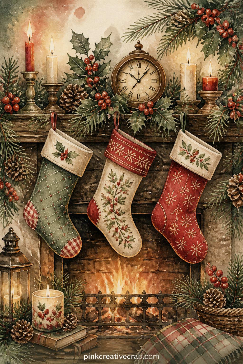 Christmas Eve Mantel Scene printable page — Three stockings hang along a garland draped mantel, with candles, a small clock and a sprig of holly tucked between