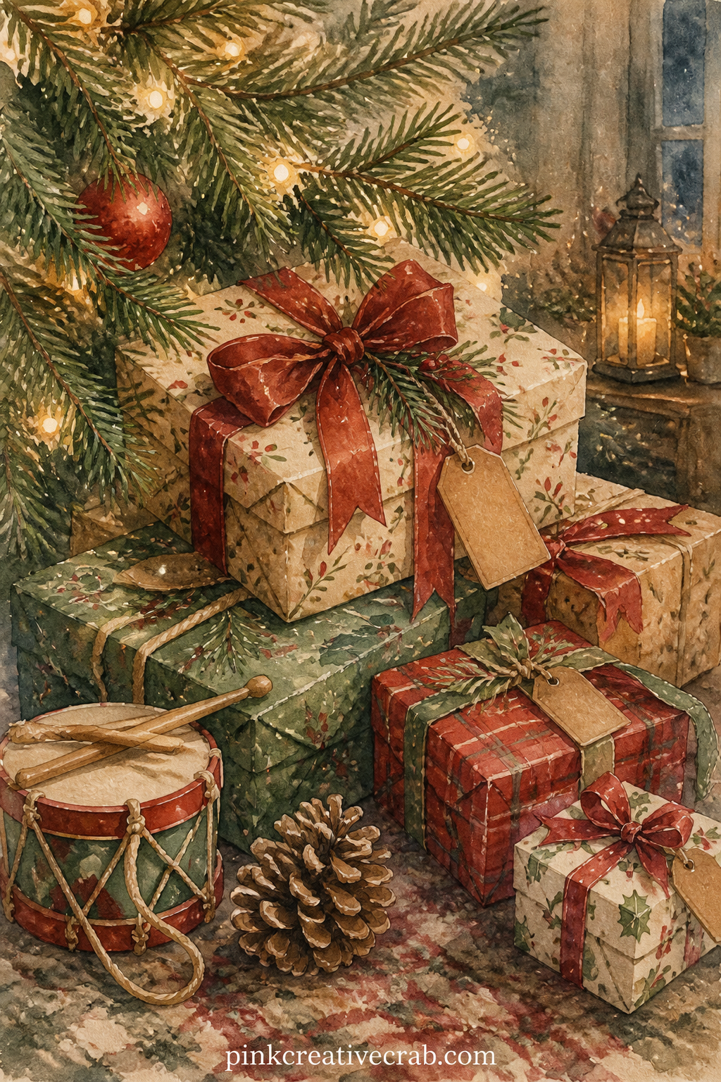 Gifts Under The Tree Corner printable page — A cluster of wrapped presents sits tucked beneath a lower branch, tied with ribbon and tucked tags, with a toy