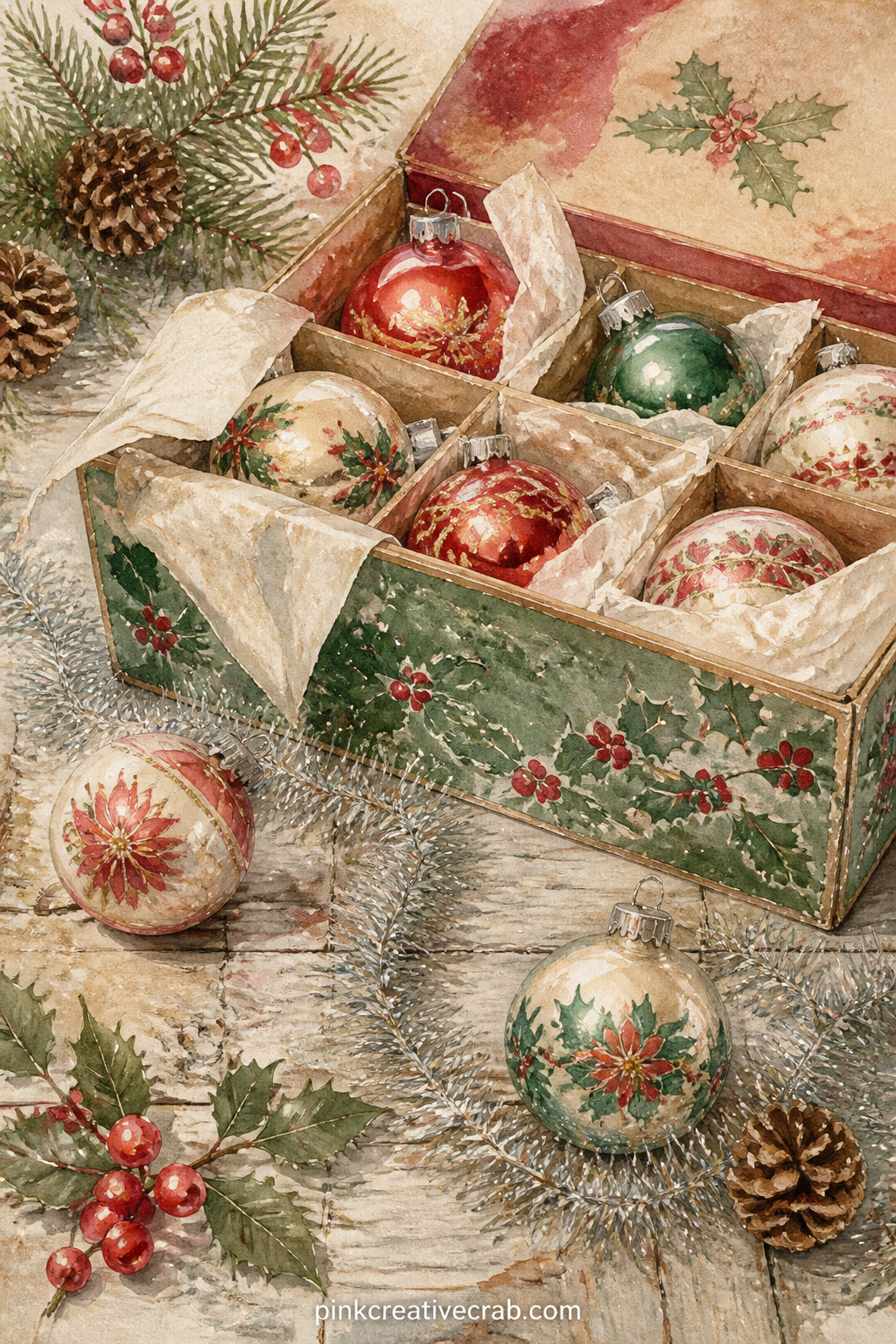 Vintage Ornament Box Still Life printable page — An open box of glass ornaments sits with tissue paper spilling out, a few baubles resting loose beside a