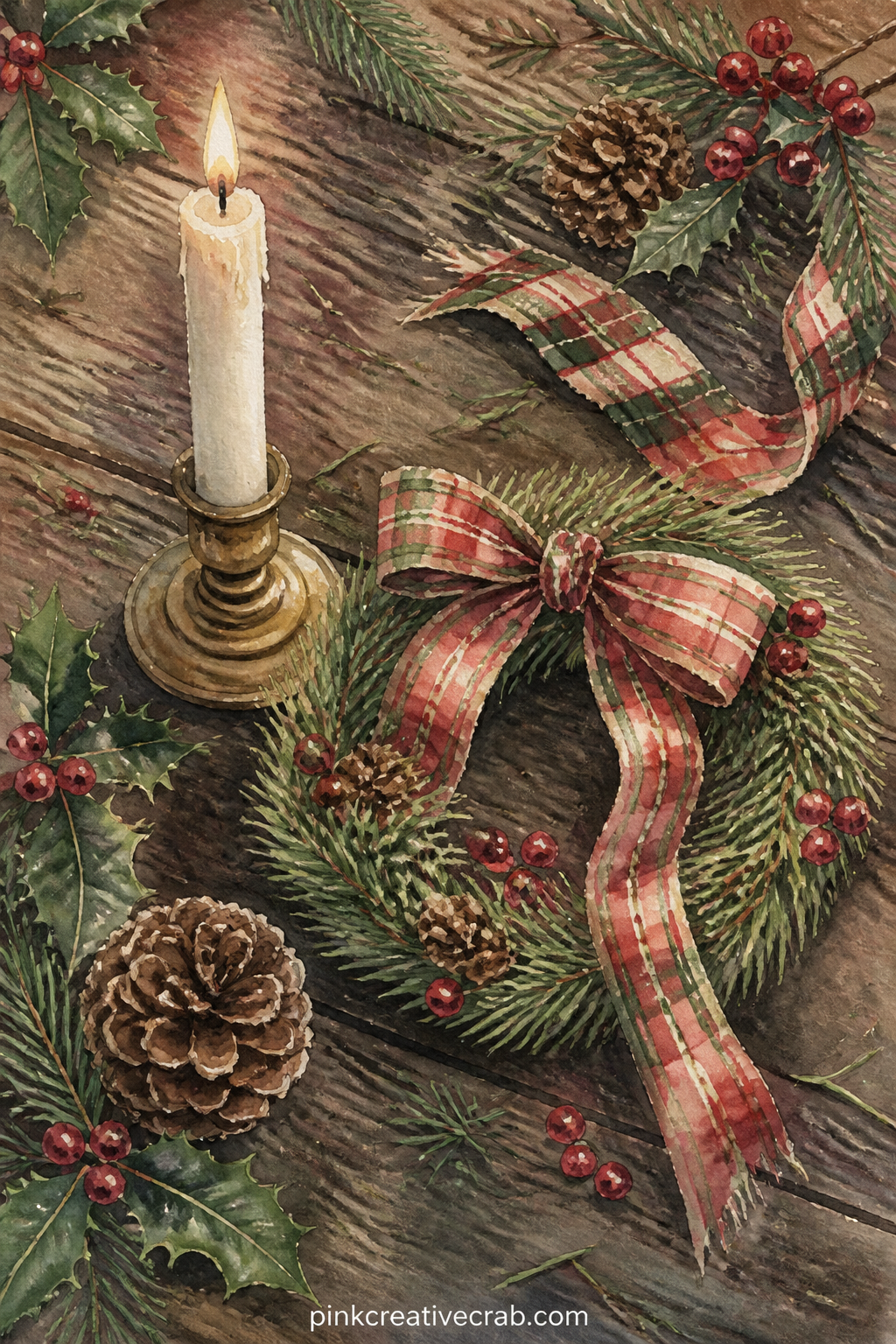 Candle And Pine Wreath Table printable page — A lit taper candle stands beside a small pine wreath tied with a plaid ribbon, with a few scattered pine needles