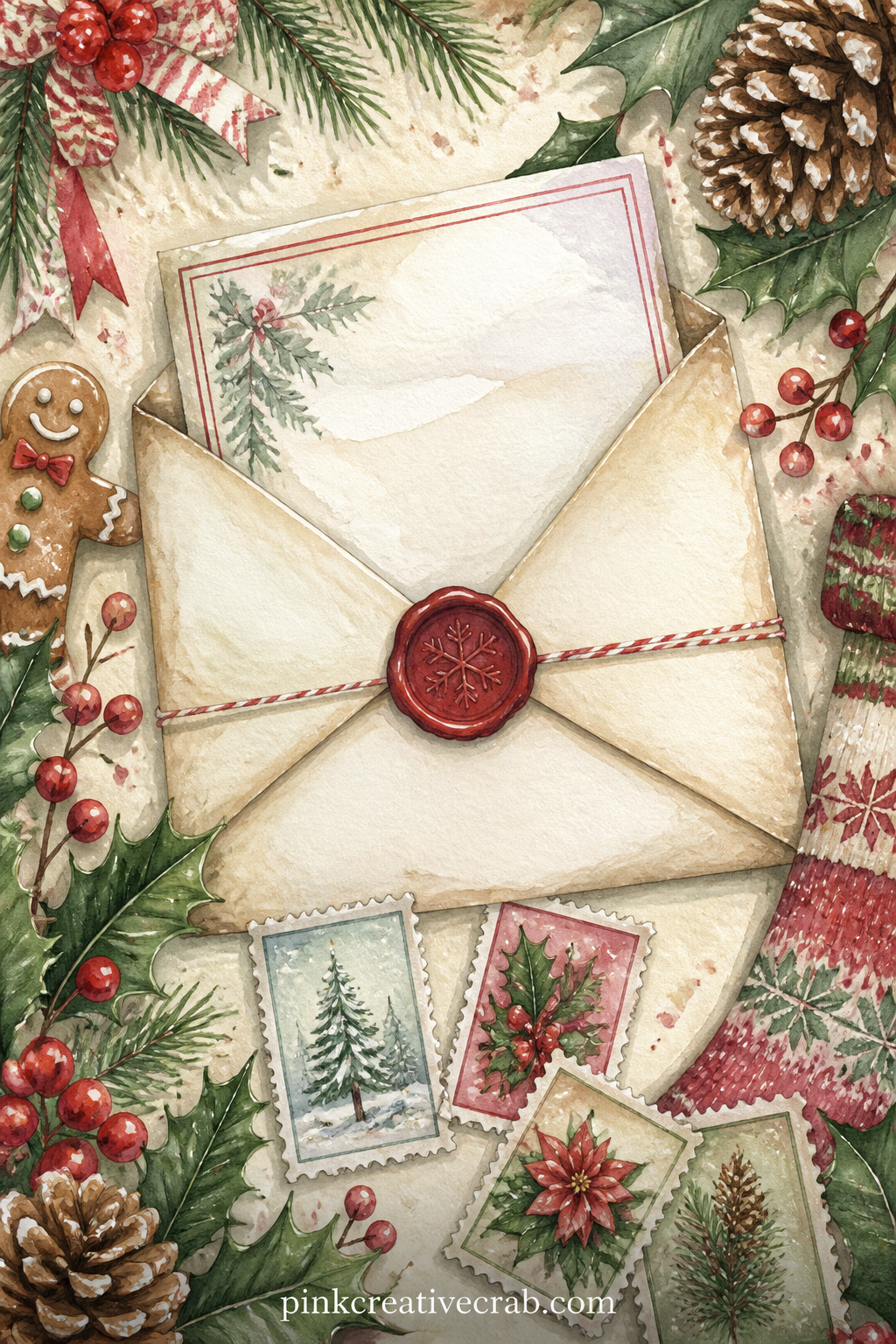 Letter To Santa Envelope Pocket printable page — A handwritten letter peeks from an envelope pocket addressed to the North Pole, with a wax seal and a few