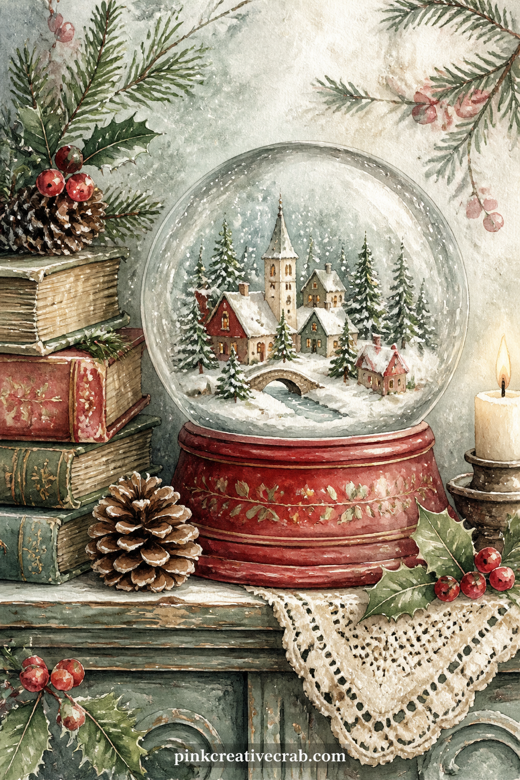 Snow Globe On A Shelf printable page — A small snow globe holding a tiny village sits on a shelf beside a pinecone and a short stack of books. Christmas junk