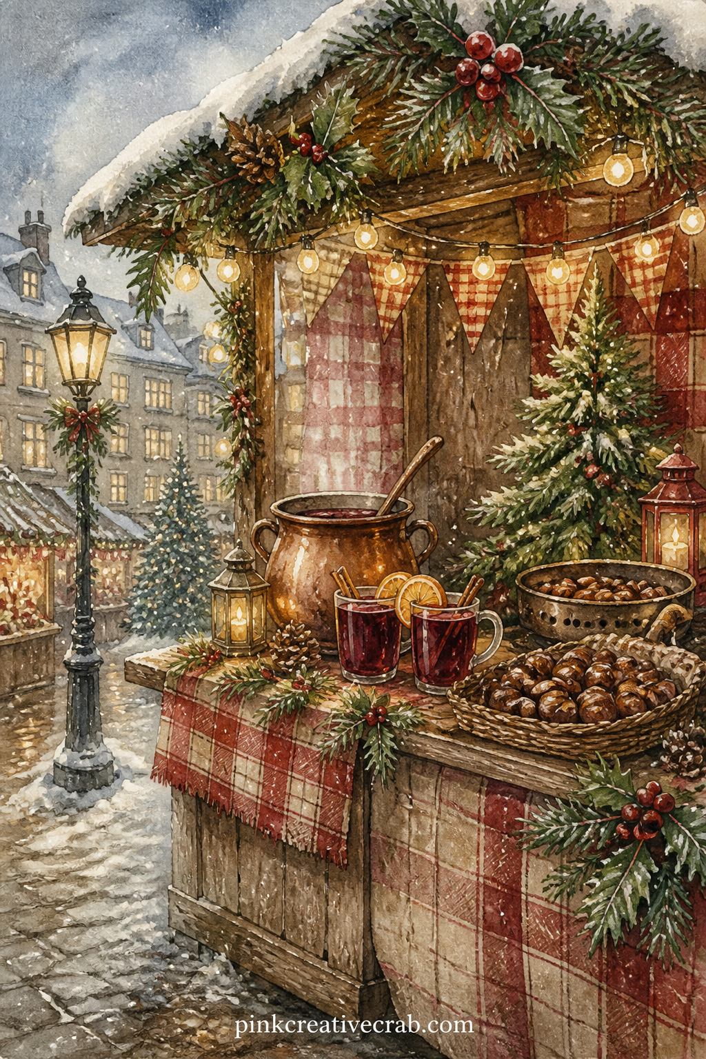 Christmas Market Stall printable page — A small market stall sells mulled wine and roasted chestnuts, strung with fairy lights and a chalkboard price sign.