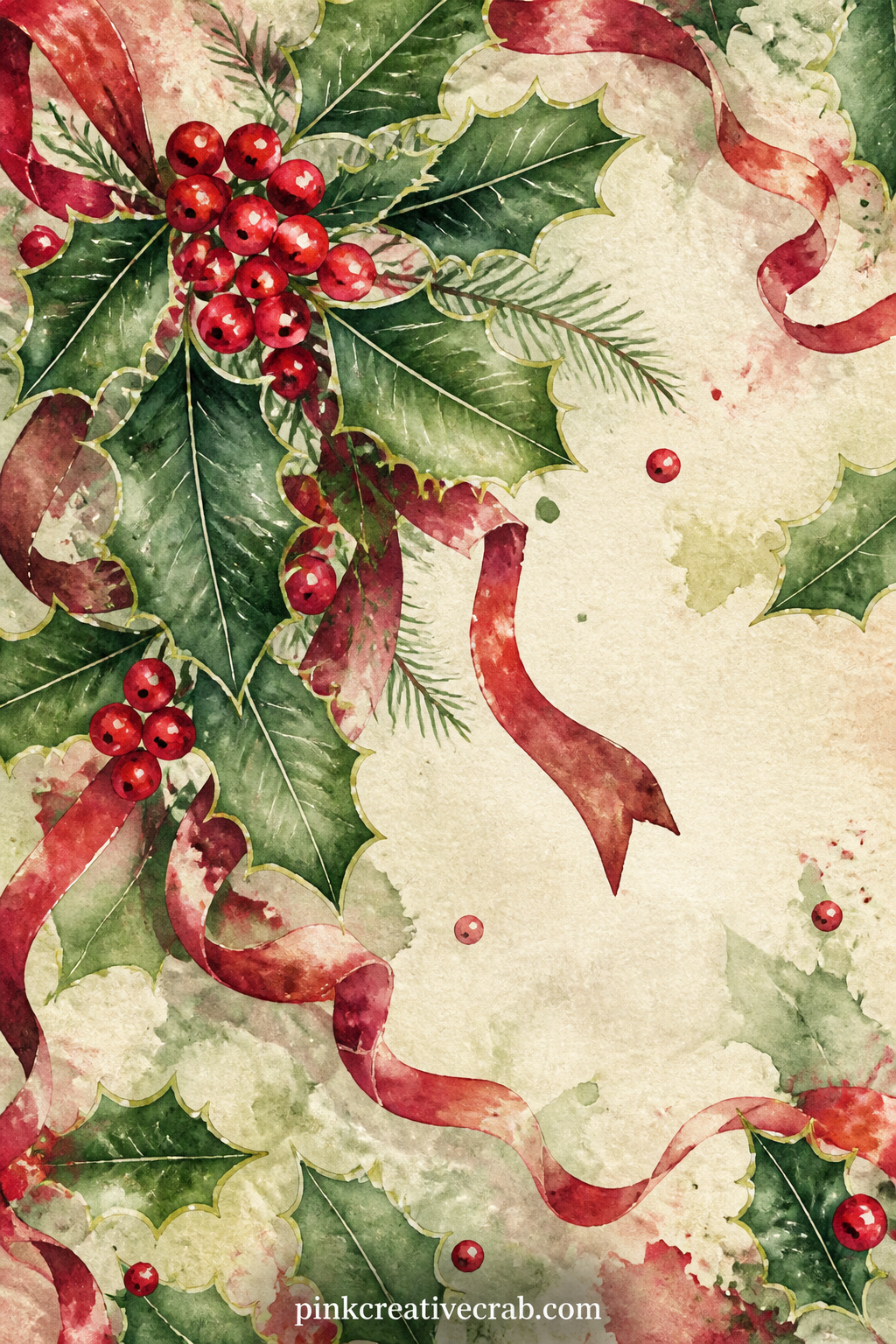 Holly And Berries Corner printable page — A sprig of holly with red berries curls across one corner of the page, with a few loose leaves and a ribbon trailing