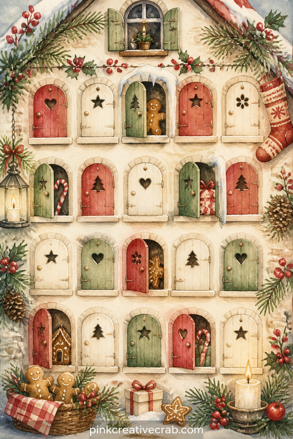 Advent Calendar Window Page printable page — A row of small numbered windows sits across the page, each one slightly open to hint at a hidden treat or trinket.