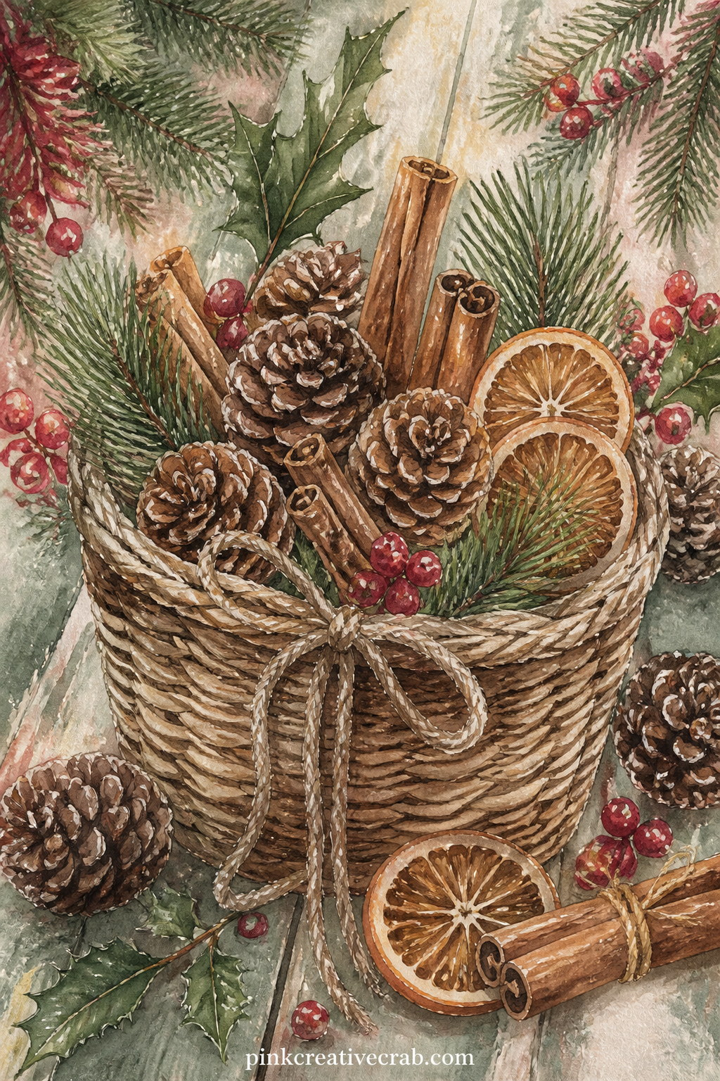 Pine Cone And Cinnamon Basket printable page — A woven basket holds pinecones, cinnamon sticks and a few dried orange slices, tied with twine. Christmas junk