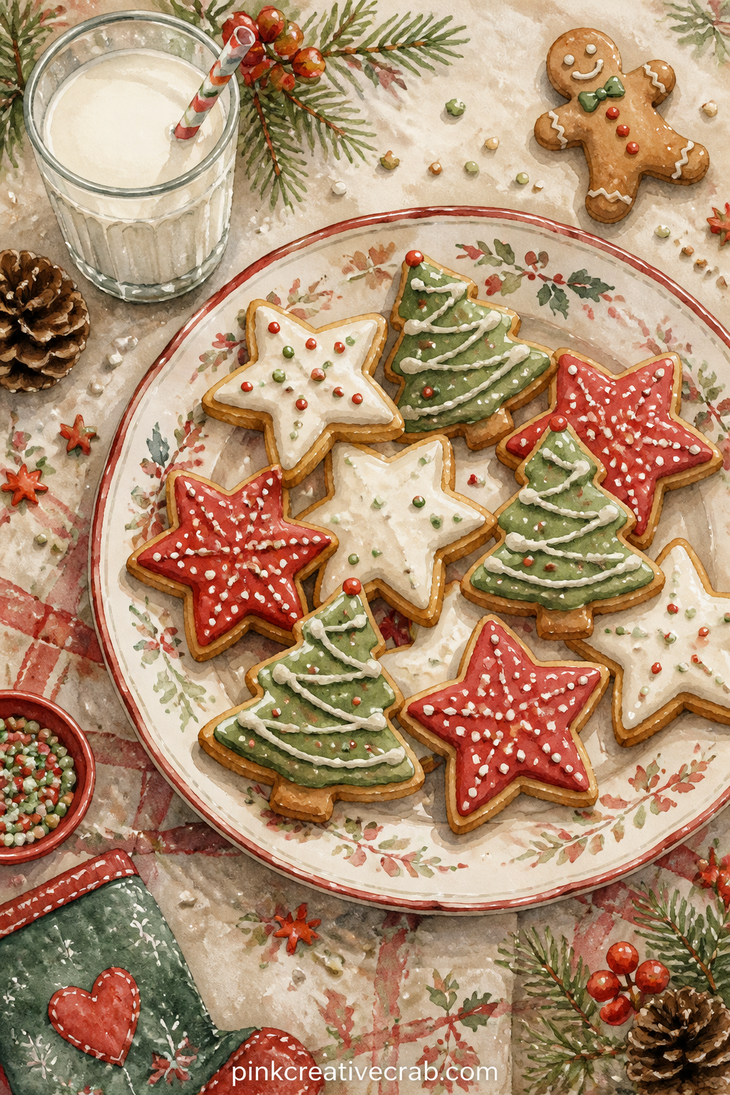 Christmas Cookies On A Plate printable page — A plate of iced cookies in star and tree shapes sits beside a small glass of milk and a scattering of sprinkles.