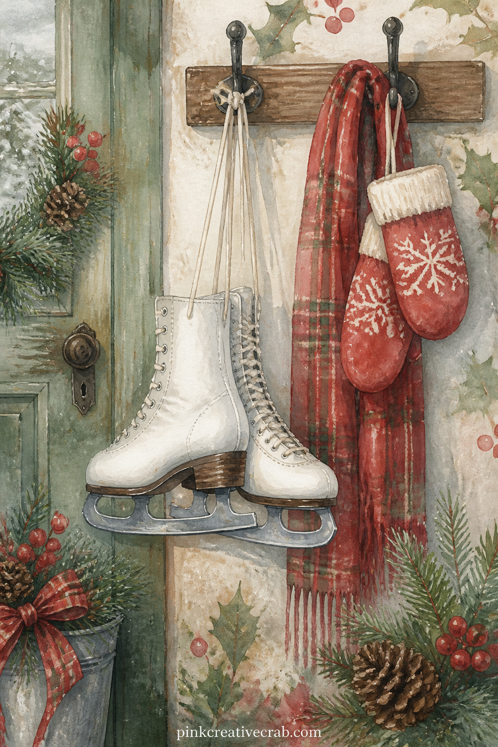 Ice Skates By The Door printable page — A pair of worn ice skates hangs by their laces near the door, beside a scarf and a pair of mittens drying on a hook.