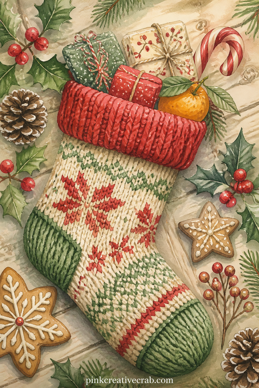 Knitted Stocking With Mini Gifts printable page — A knitted stocking sits stuffed with small wrapped gifts, a candy cane and an orange tucked near the top.