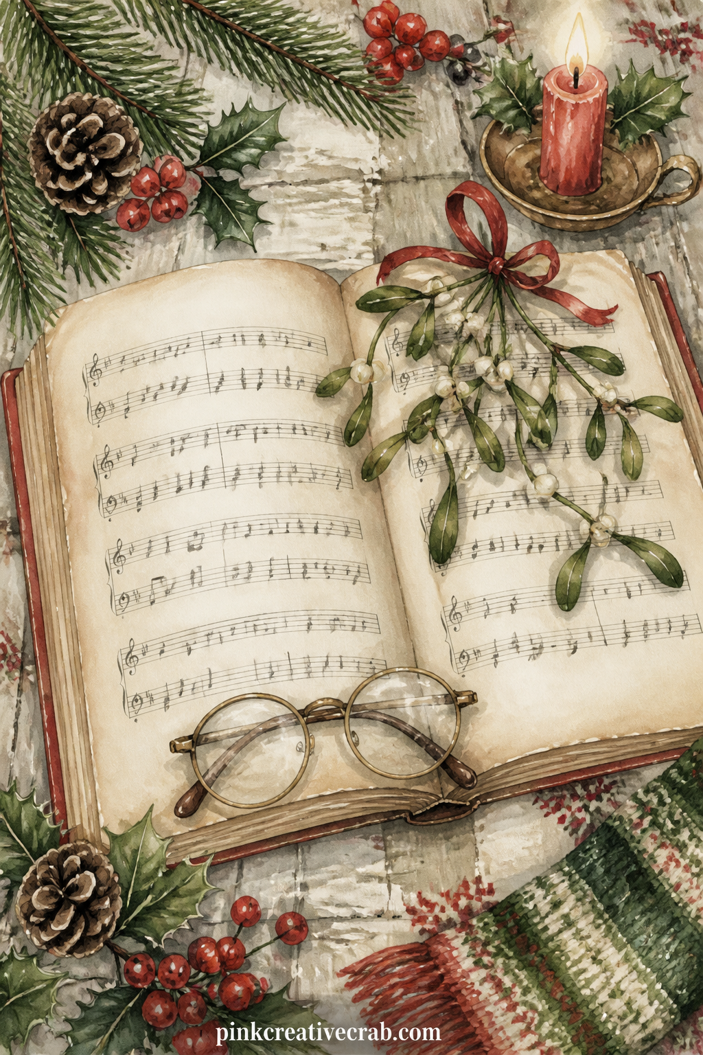 Carol Songbook Page printable page — An open songbook shows a page of carol lyrics, weighted down with a sprig of mistletoe and a pair of reading glasses.