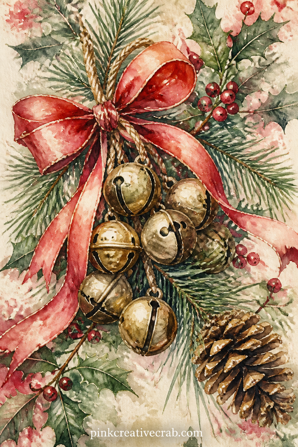 Sleigh Bells And Ribbon Bundle printable page — A bundle of small brass sleigh bells sits tied with a red ribbon, beside a sprig of pine and a loose pinecone.