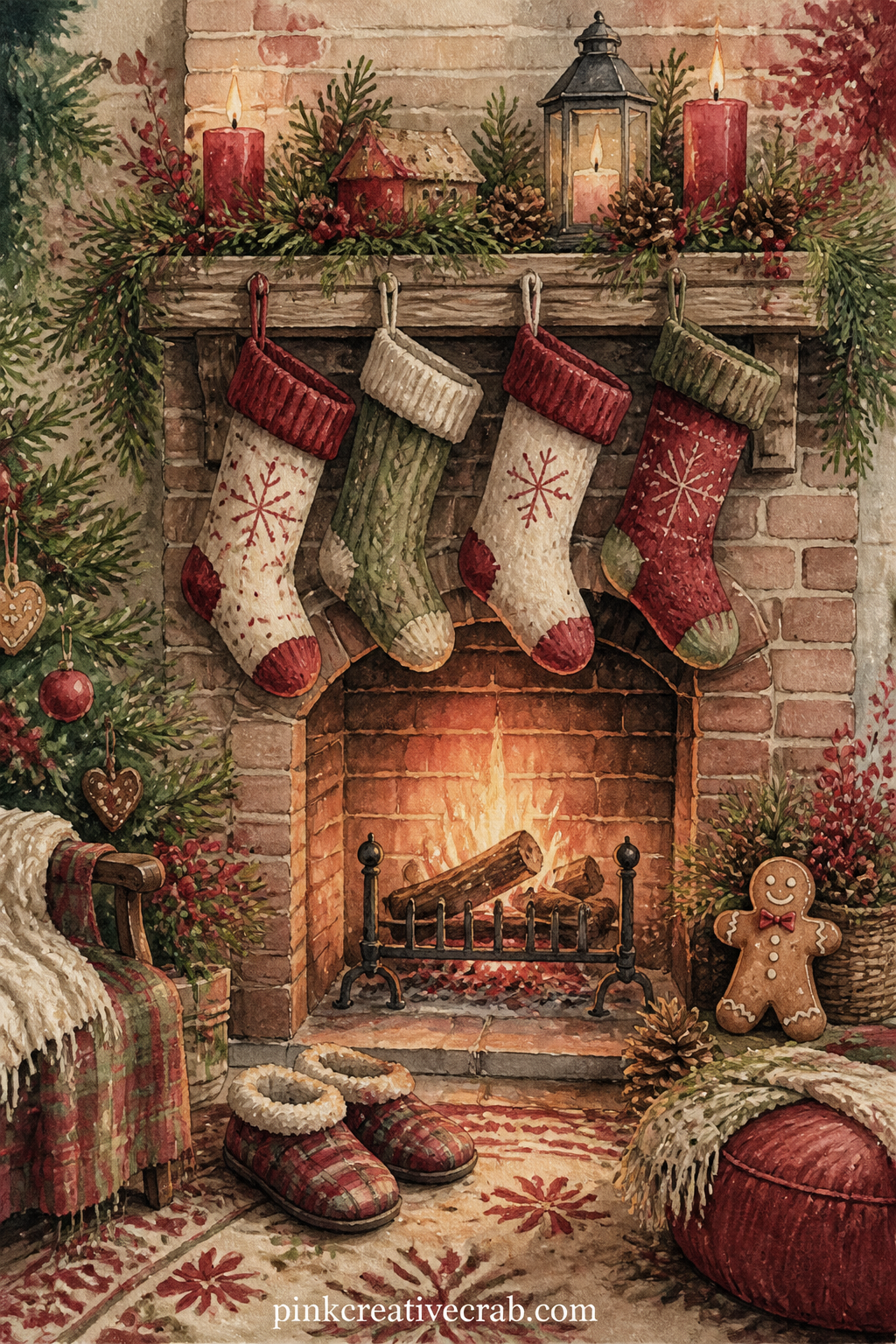Fireplace With Stockings Hung printable page — A brick fireplace glows with a low fire, stockings hanging from the mantel above and a pair of slippers warming