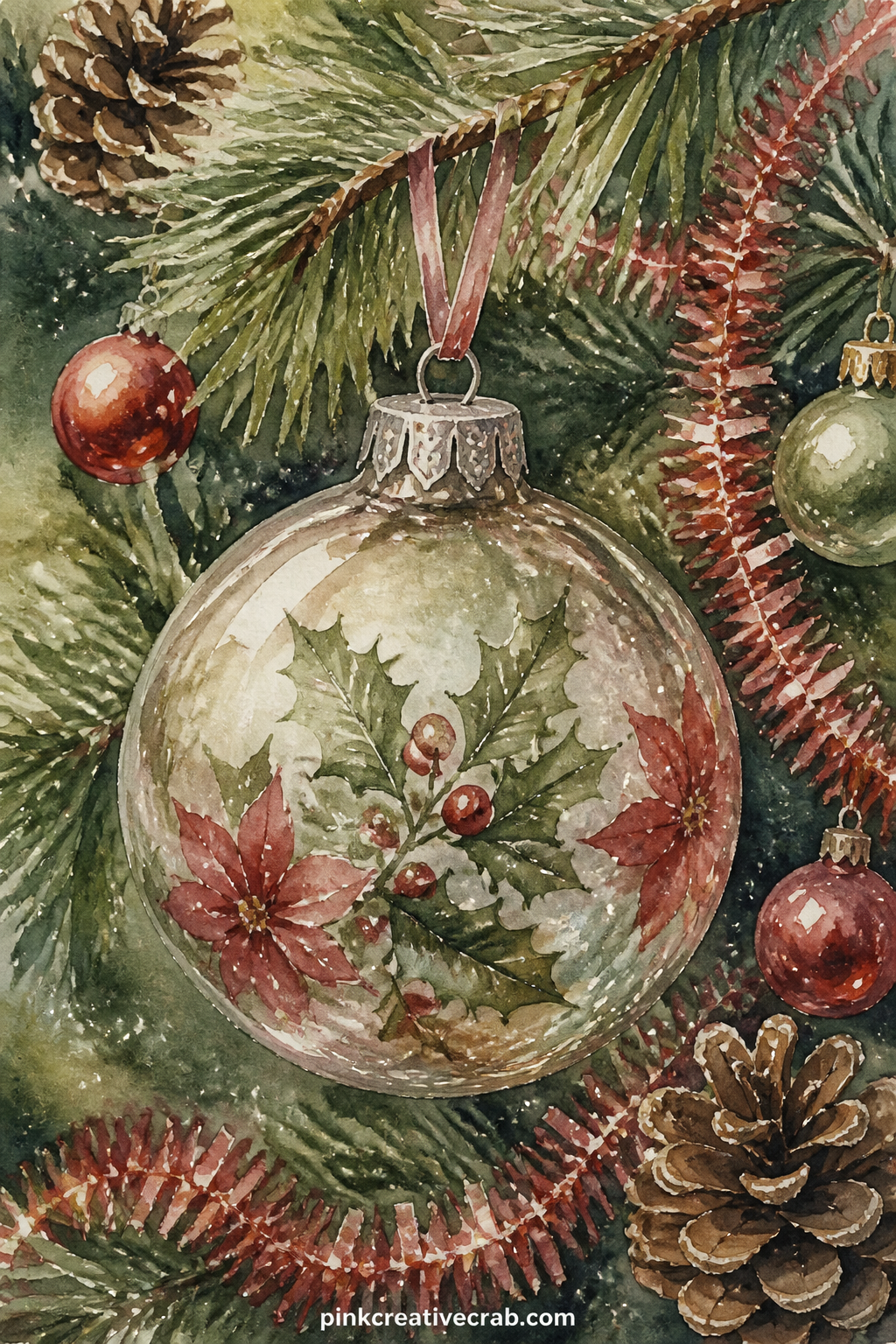 Christmas Tree Ornament Close Up printable page — A single glass ornament hangs close on a pine branch, catching a hint of light, with smaller baubles and a