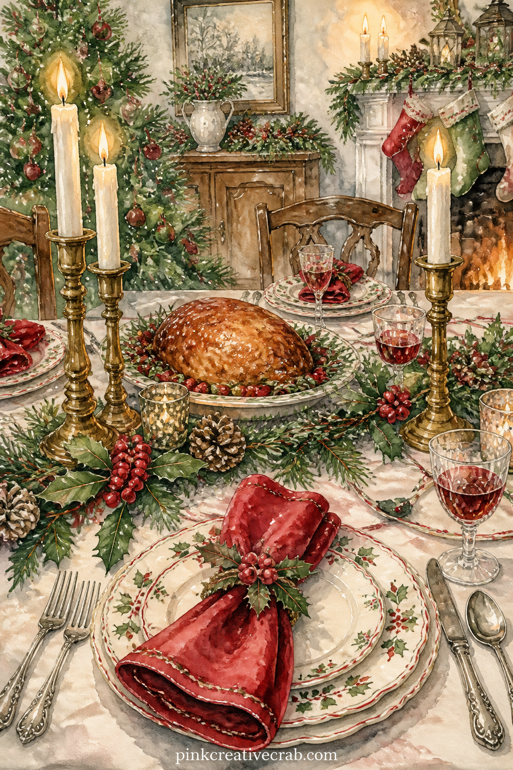 Table Set For Christmas Dinner printable page — A table is set with a small roast, candles and a sprig of holly across the centre, with napkins folded beside