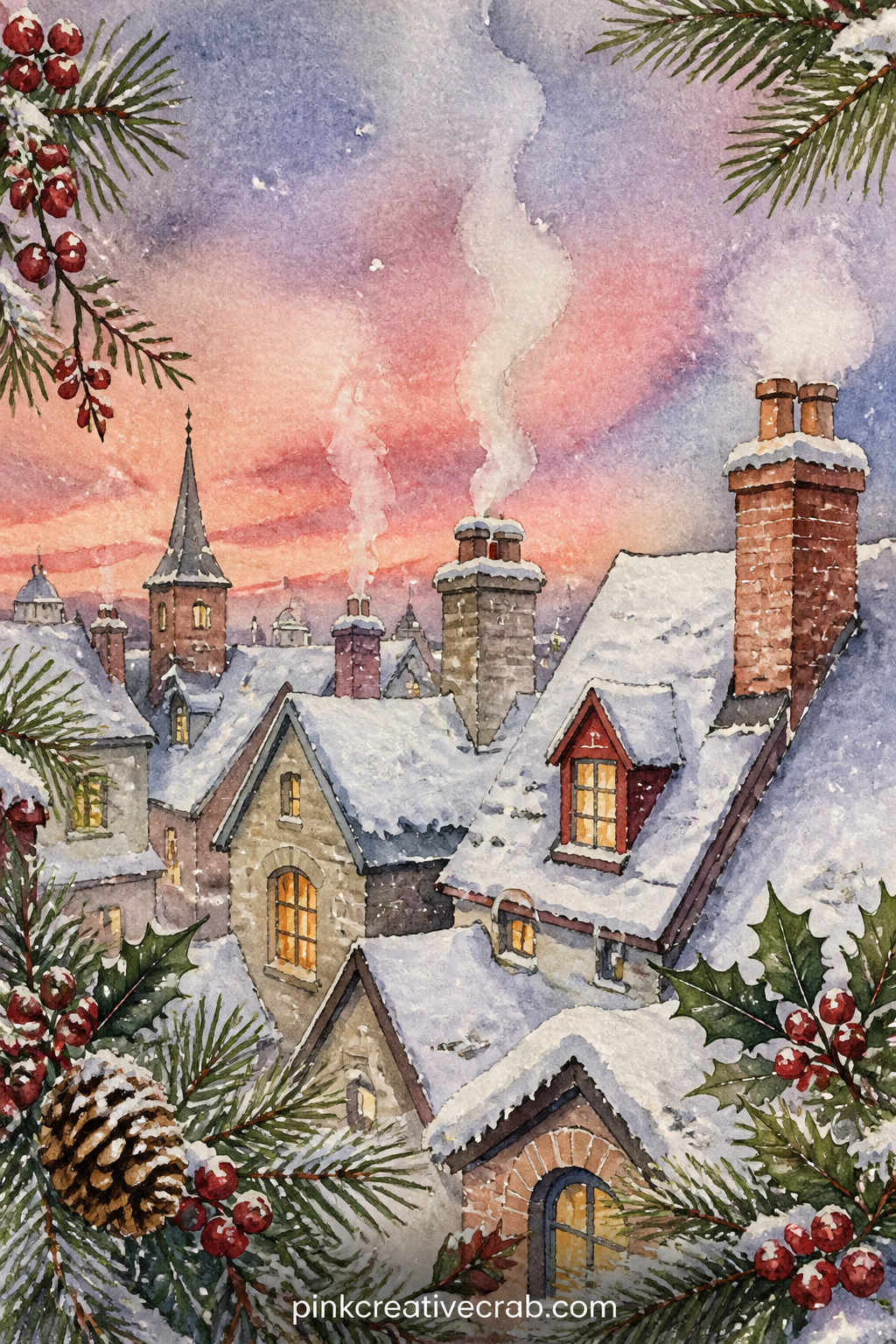 Snowy Village Rooftops View printable page — A row of snow covered rooftops stretches across the page, with chimney smoke curling up and a few lit windows