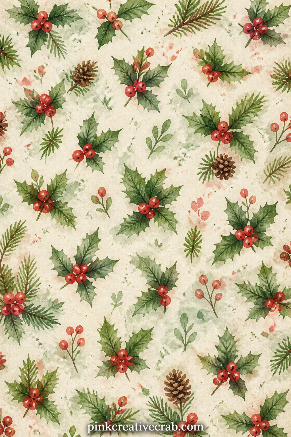 Holly Berry Pattern printable page — Small holly leaves and red berries repeat edge to edge in a gentle all over pattern. Christmas junk journal ideas