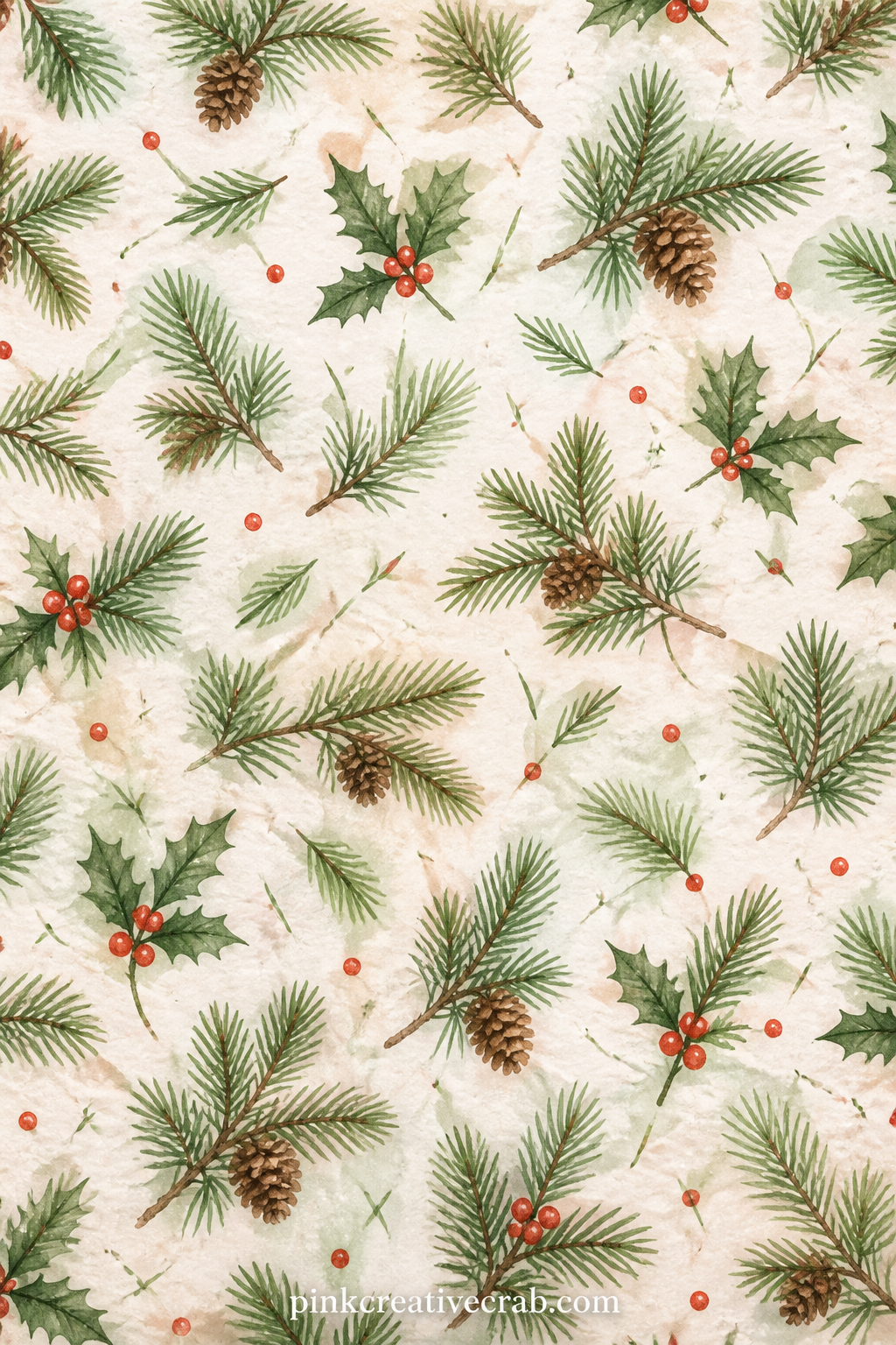 Pine Branch Pattern printable page — Small pine sprigs and loose needles scatter in a repeating pattern across the page. Christmas junk journal ideas