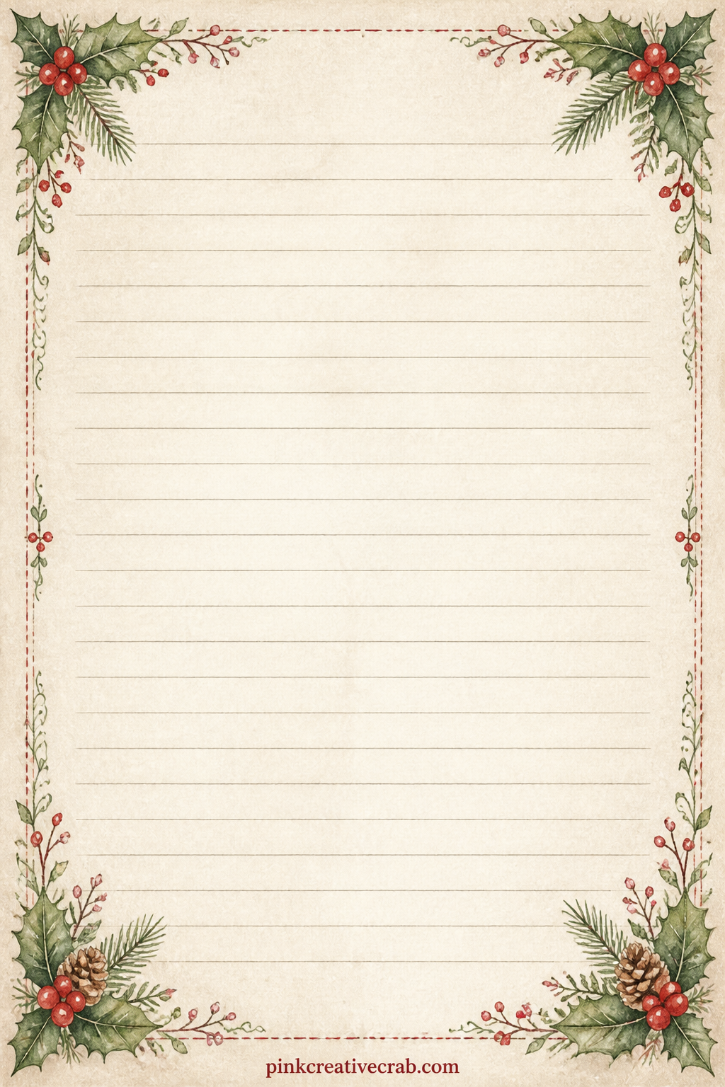 Holly Corner Sprays Lined Page printable page — Small sprays of holly and berries sit in each corner, framing faint ruled lines across the middle. Christmas