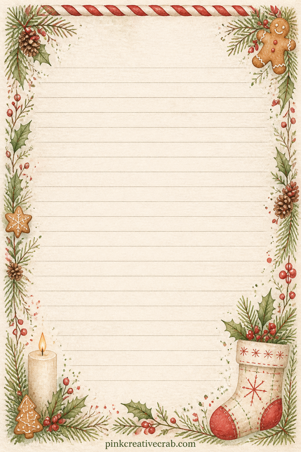Candy Cane Border Lined Page printable page — A thin candy cane stripe runs along the top edge, with faint ruled lines filling the space below for writing.