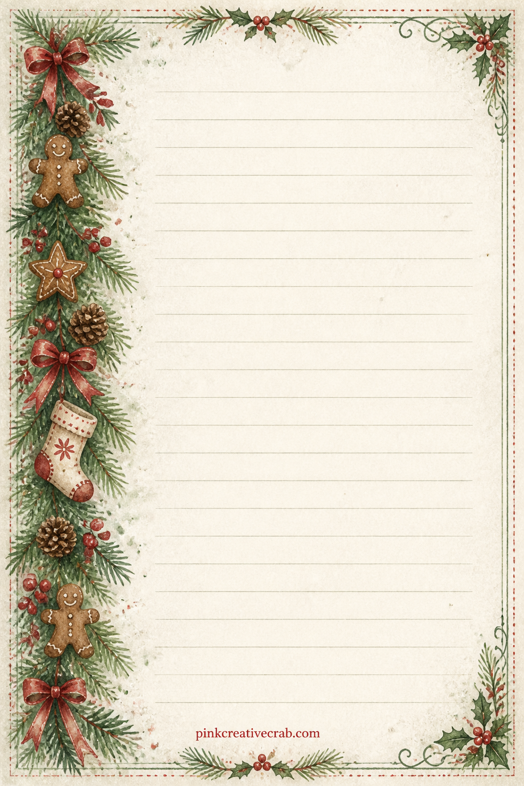 Pine Garland Band Lined Page printable page — A pine garland runs down one side of the page, tied with small ribbon bows, beside faint ruled lines for writing.