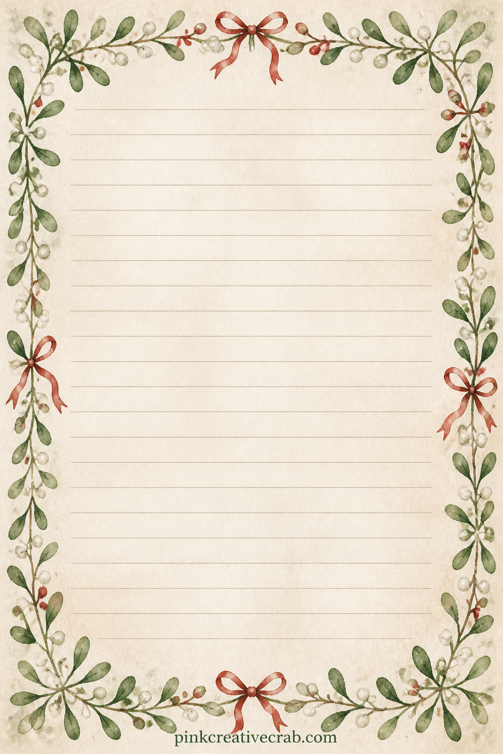 Mistletoe Frame Lined Page printable page — A thin frame of mistletoe sprigs runs around all four edges, leaving faint ruled lines open in the middle for