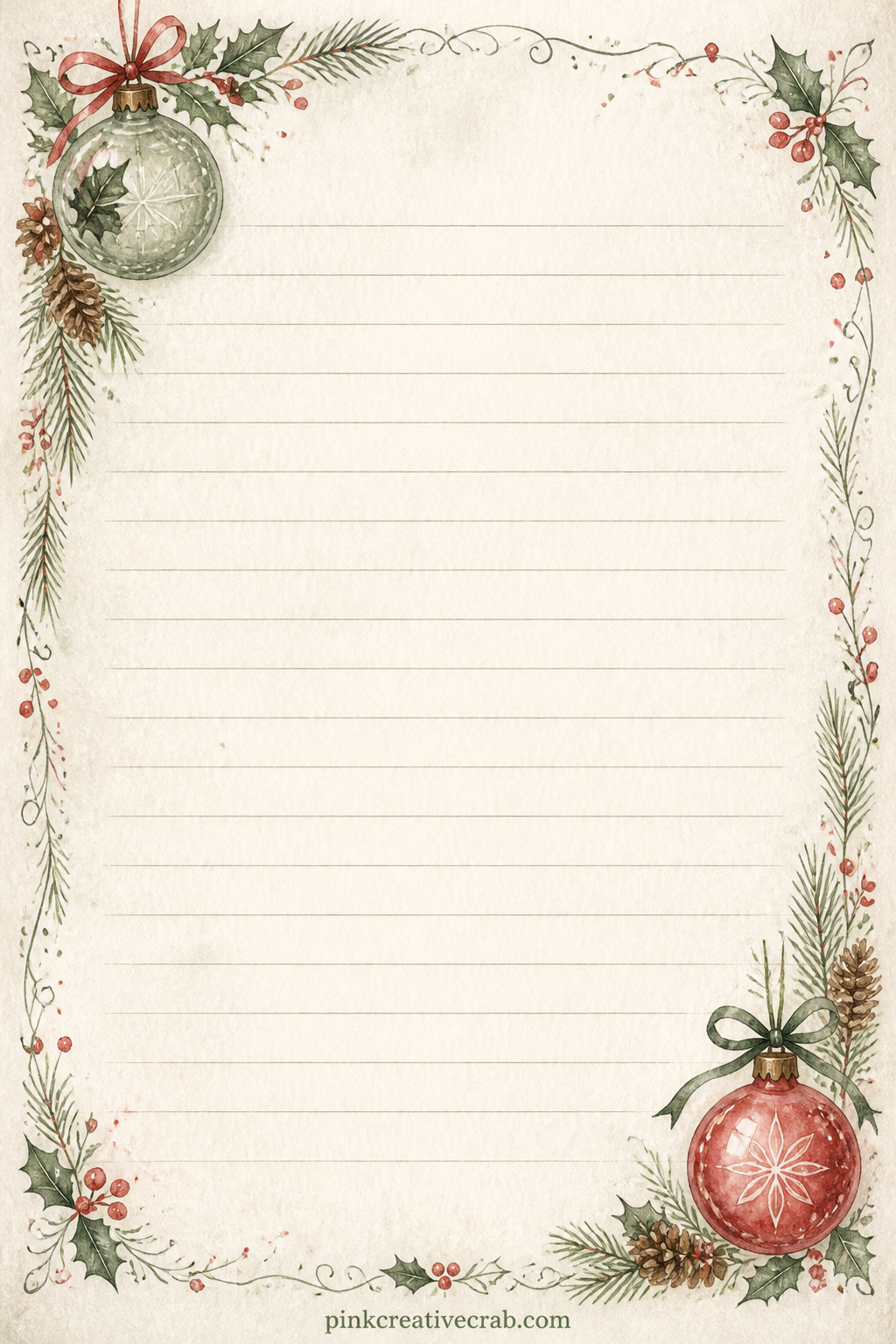 Ornament Corner Lined Page printable page — Small glass ornaments sit tucked in two opposite corners, with faint ruled lines running across the middle.