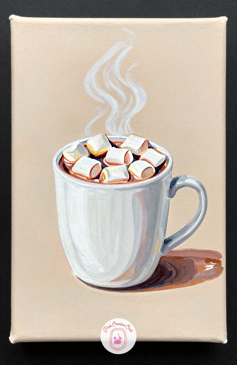 Hot Cocoa Mug With Marshmallows — A mug of hot cocoa is an easy rounded shape with a built in reason to add steam and texture. Christmas painting ideas
