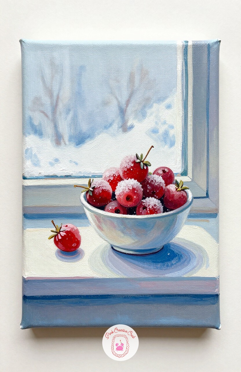 Frosted Berries On A Windowsill — A small bowl of red berries on a windowsill combines a simple still life with a touch of winter texture. Christmas painting