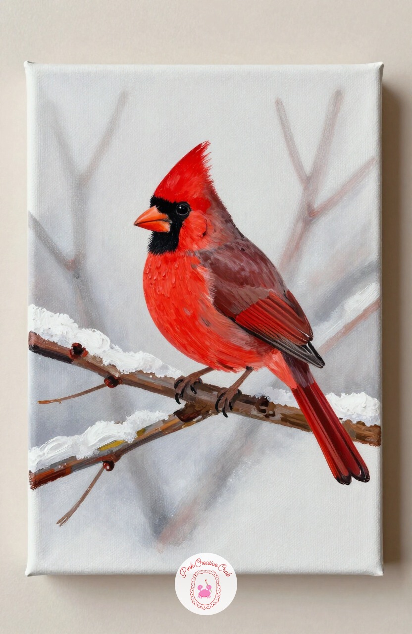 Cardinal On A Snowy Branch — A cardinal gives you a rich pop of color against white and snow, which makes it one of the most popular christmas painting ideas