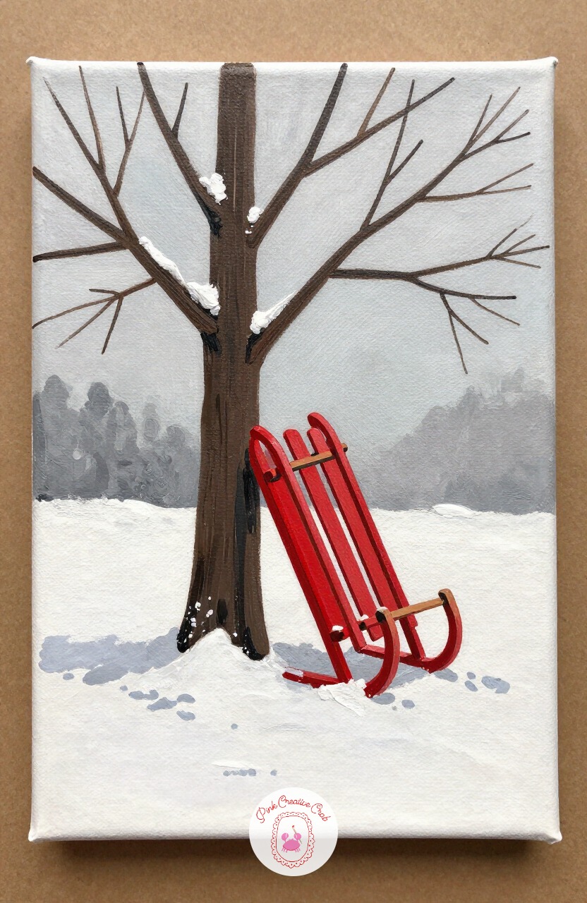 Sled Leaning Against A Tree — An old wooden sled leaning against a tree trunk gives you a simple prop with built in character. Christmas painting ideas