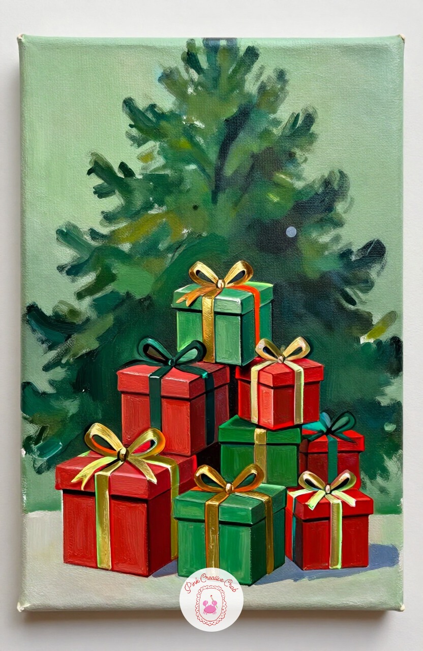 Gift Boxes Under A Tree — A small stack of wrapped gift boxes is a good exercise in simple geometric shapes with pattern on top. Christmas painting ideas