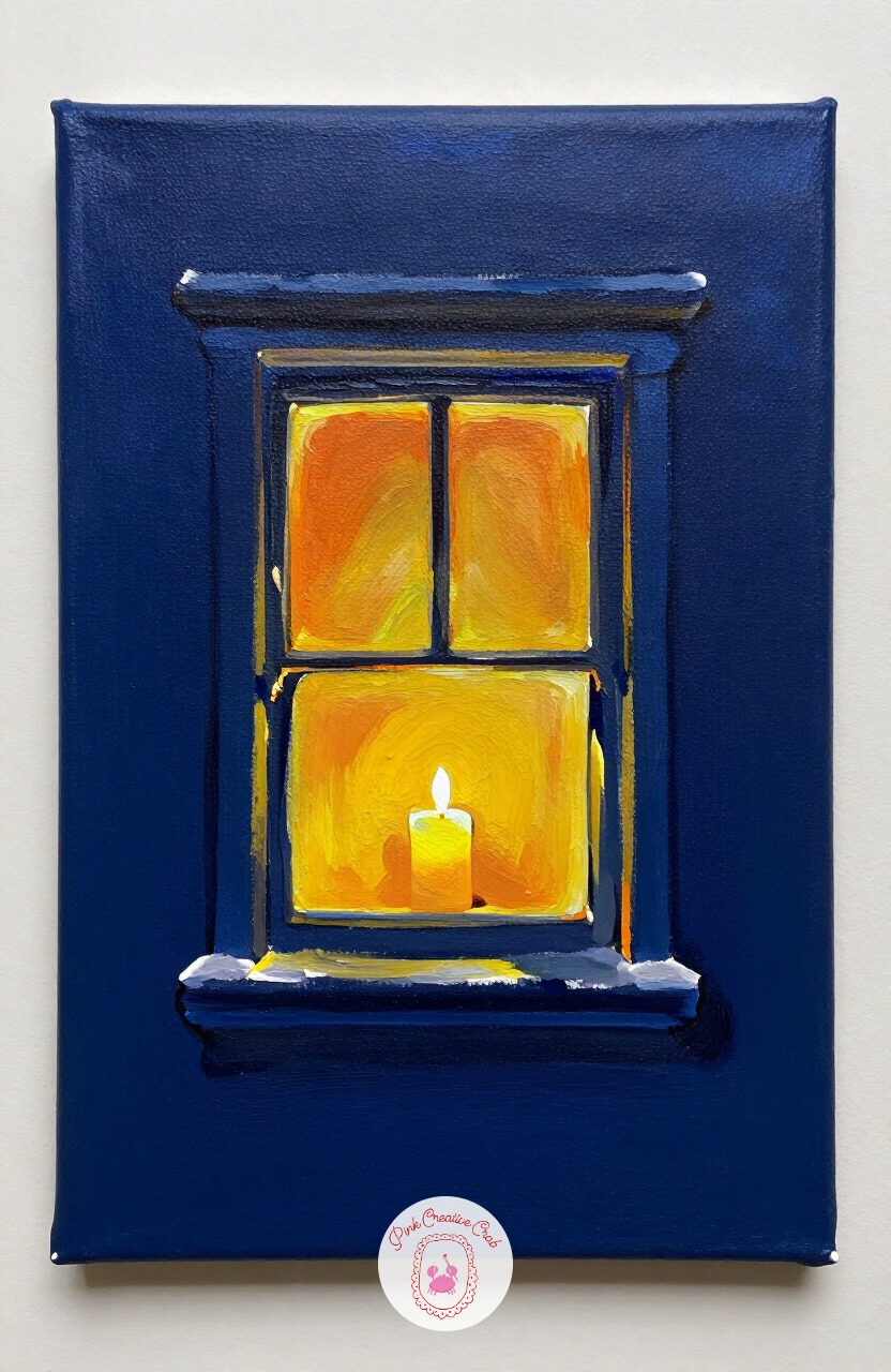 Candlelit Window At Night — A single lit window in a dark wall is one of the simplest christmas painting ideas for a night scene, since most of the canvas is