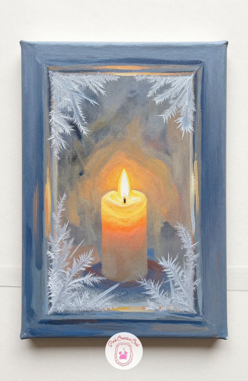Frosted Window With Candle Reflection — This one takes the candlelit window closer, as if standing right outside the glass with frost creeping across it.