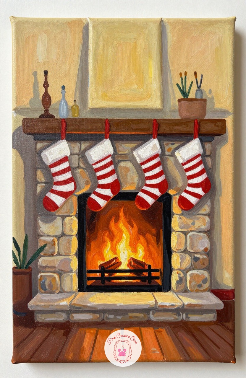 Fireplace With Stockings — A small fireplace with stockings hanging over it packs several warm elements into one cozy scene. Christmas painting ideas