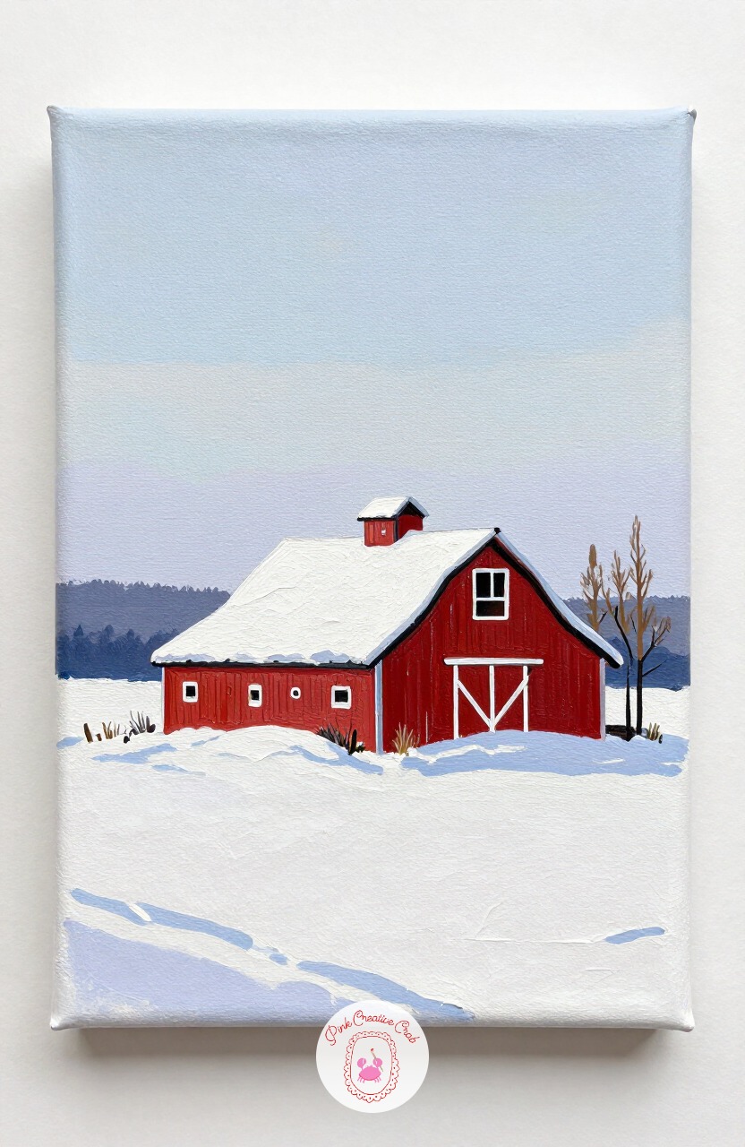 Snow-Covered Barn — A simple red barn with a heavy snow covered roof is an easy structure built from a few flat shapes. Christmas painting ideas