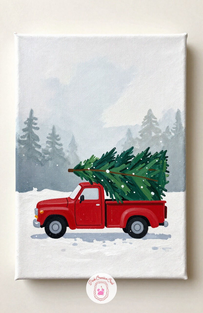 Red Truck Carrying A Tree — A vintage red truck hauling a tree in its bed is one of the more charming christmas painting ideas on a small canvas, and it only