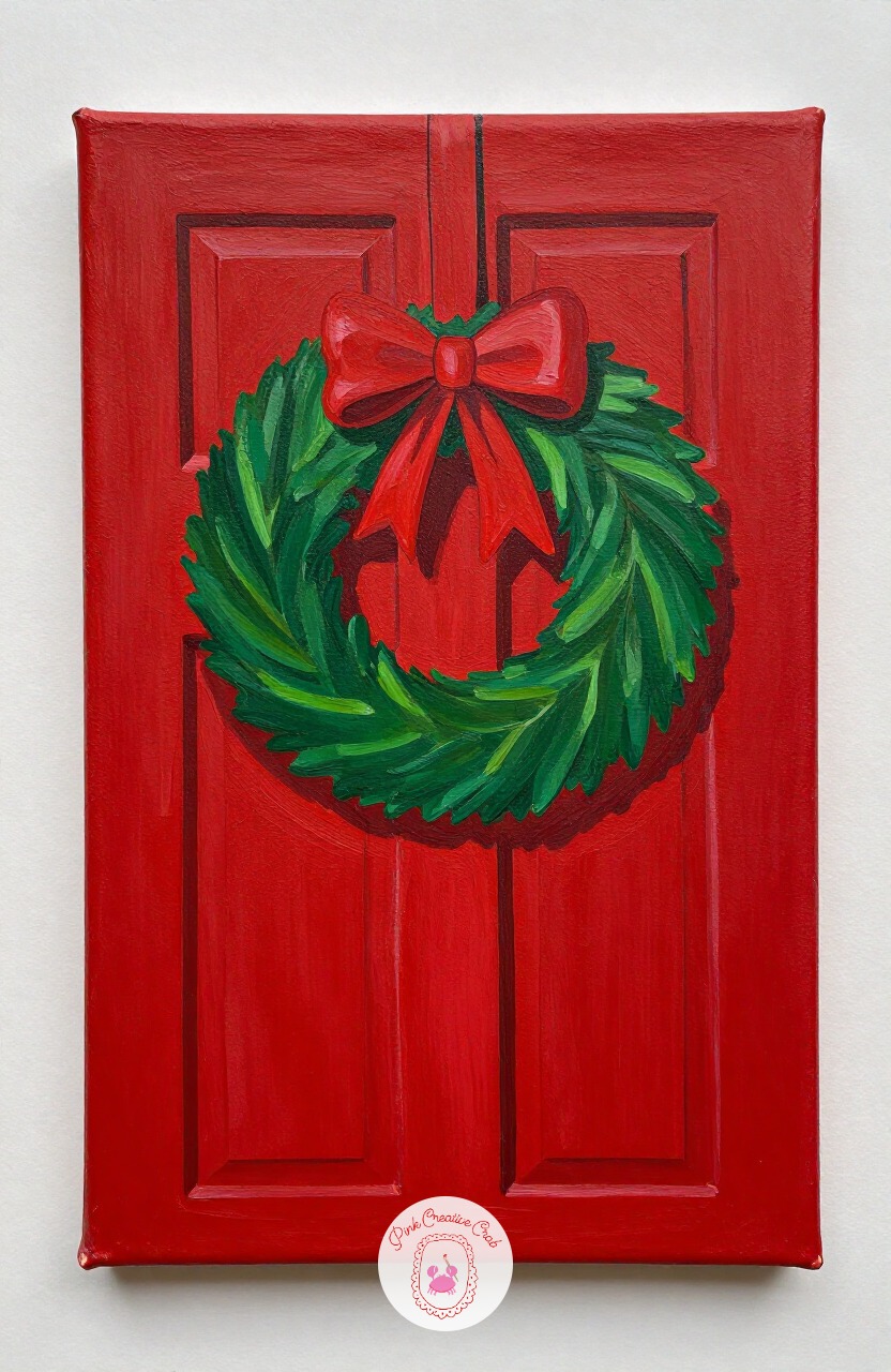 Christmas Wreath On A Red Door — A wreath on a painted door gives you a round shape full of texture against a flat, simple background. Christmas painting ideas