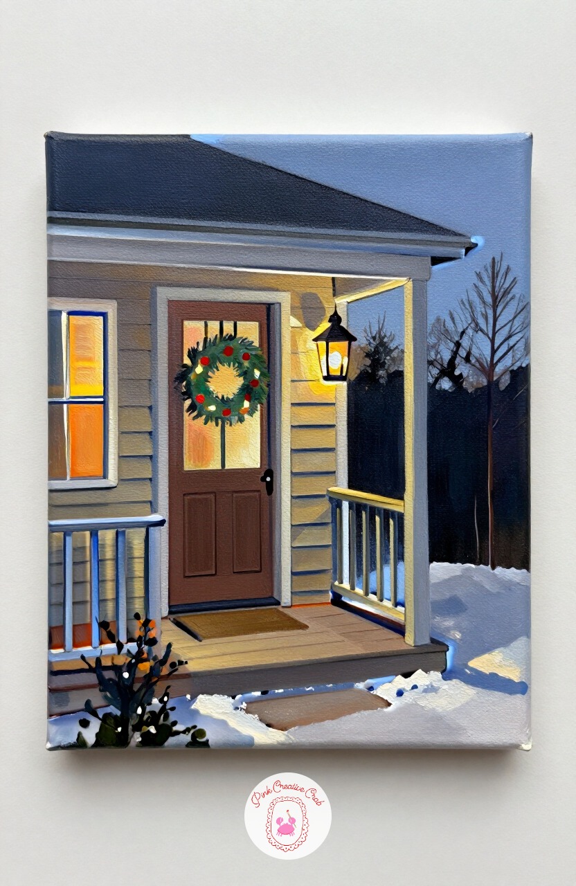 Front Porch With Wreath And Lantern — A small section of porch with a wreath on the door and a lantern glowing beside it combines several smaller ideas into