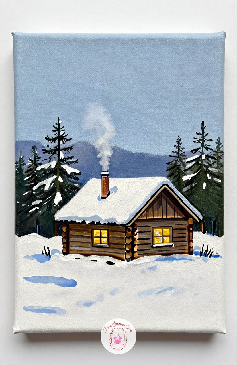 Snowy Cabin With Smoking Chimney — A small log cabin with smoke curling from the chimney is a satisfying structure to build from simple horizontal shapes.