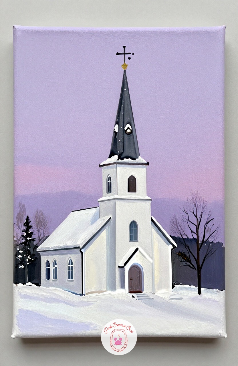 Church Steeple In Snow — A simple white church with a pointed steeple makes a clean, easy structure against a winter sky. Christmas painting ideas