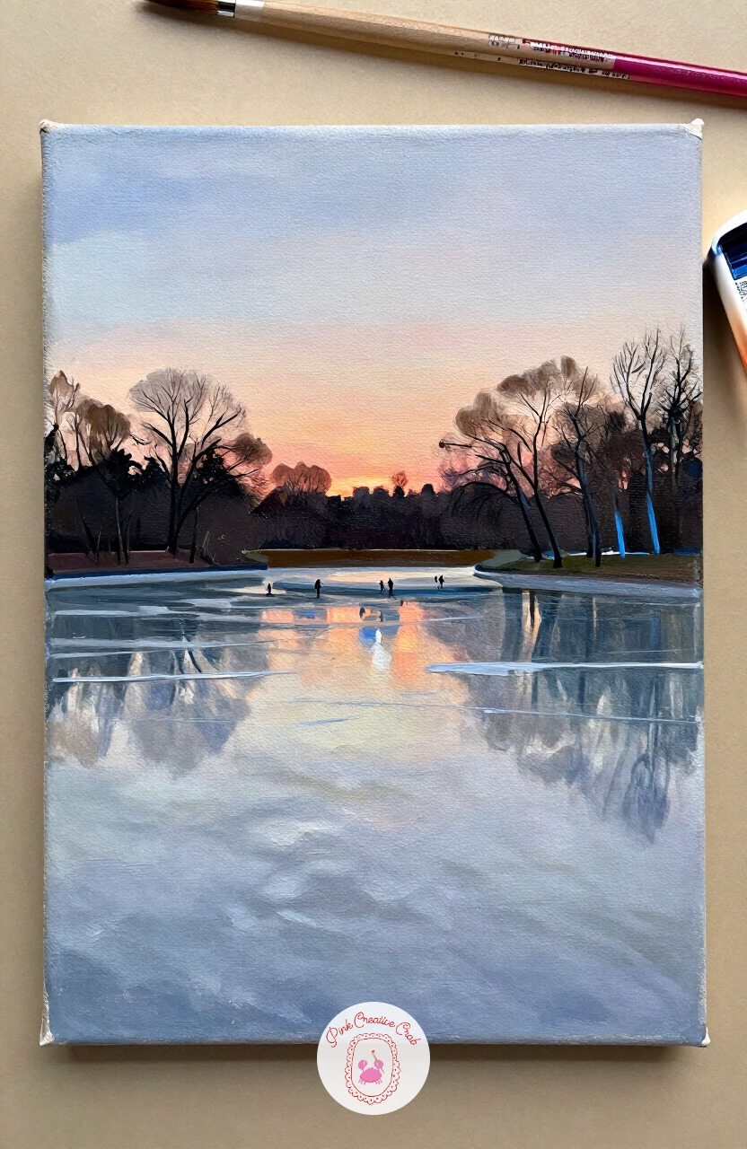 Skating Pond At Dusk — A frozen pond with a few skaters in the distance adds gentle motion to a quiet winter scene. Christmas painting ideas