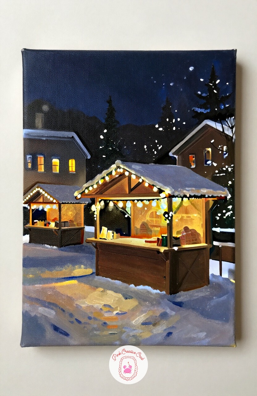 Christmas Market Stall At Night — A small market stall strung with lights brings a bit of festive activity into a night scene without needing crowds of